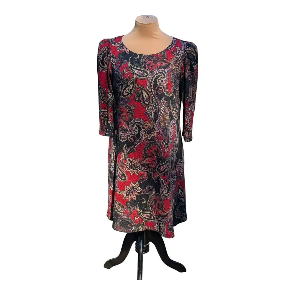 Jessica Howard Women's Paisley Print Knit A-Line Shift Dress Red Black Size PMed